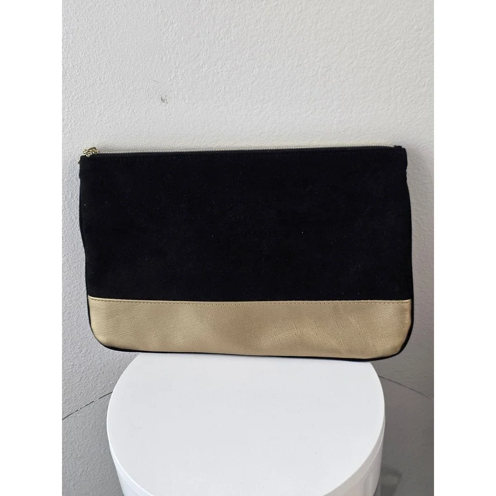 Lancome Paris Black Faux Suede and Gold Metallic Makeup Bag Clutch Zipper Pouch